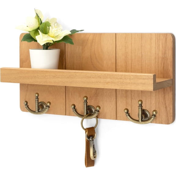 Rebee Vision Key Holder Wall Mount - Key Holder for Wall with 3 Anchor Hooks and Shelf (Light Brown, 11inch)