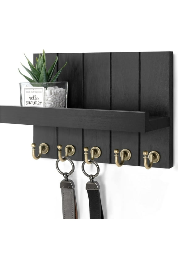Key Holder Wall Mount - Mail Organizer and Key Rack with 5 Hooks (Black, 10inch)