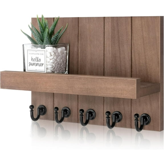 Rebee Vision Key Holder Wall Mount - Mail Organizer and Key Rack with 5 Hooks (Brown, 10inch)