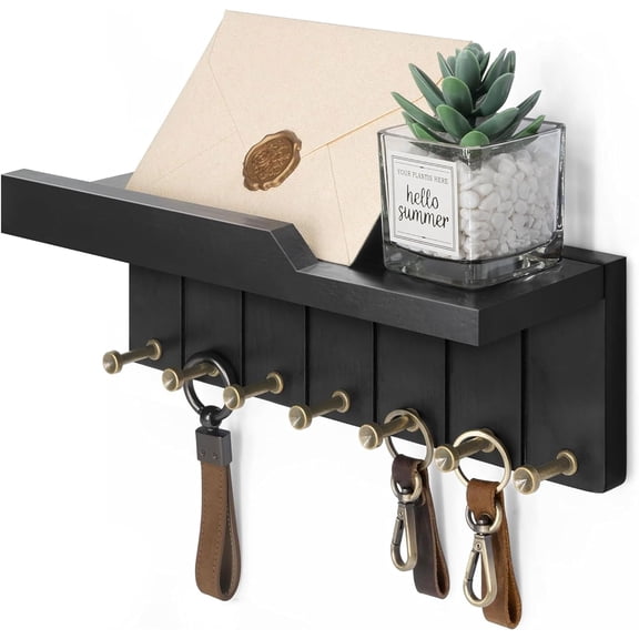 Rebee Vision Key Holder Wall Mount - Stylish Key Holder for Wall with Shelf & 7 Hooks (Black, 12inch)