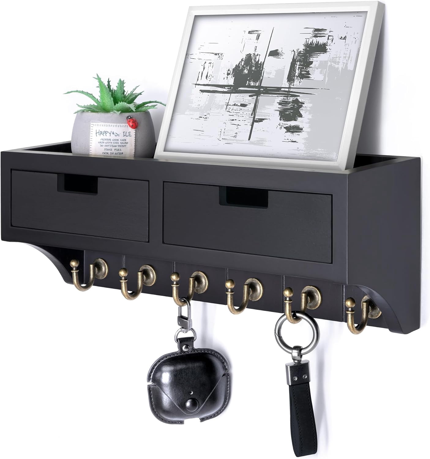 Rebee Vision Key Holder Wall Mount with 2 Drawer Organizer - Decorative Mail Organizer with 6 Key Hooks & Shelf (Black, 14inch)