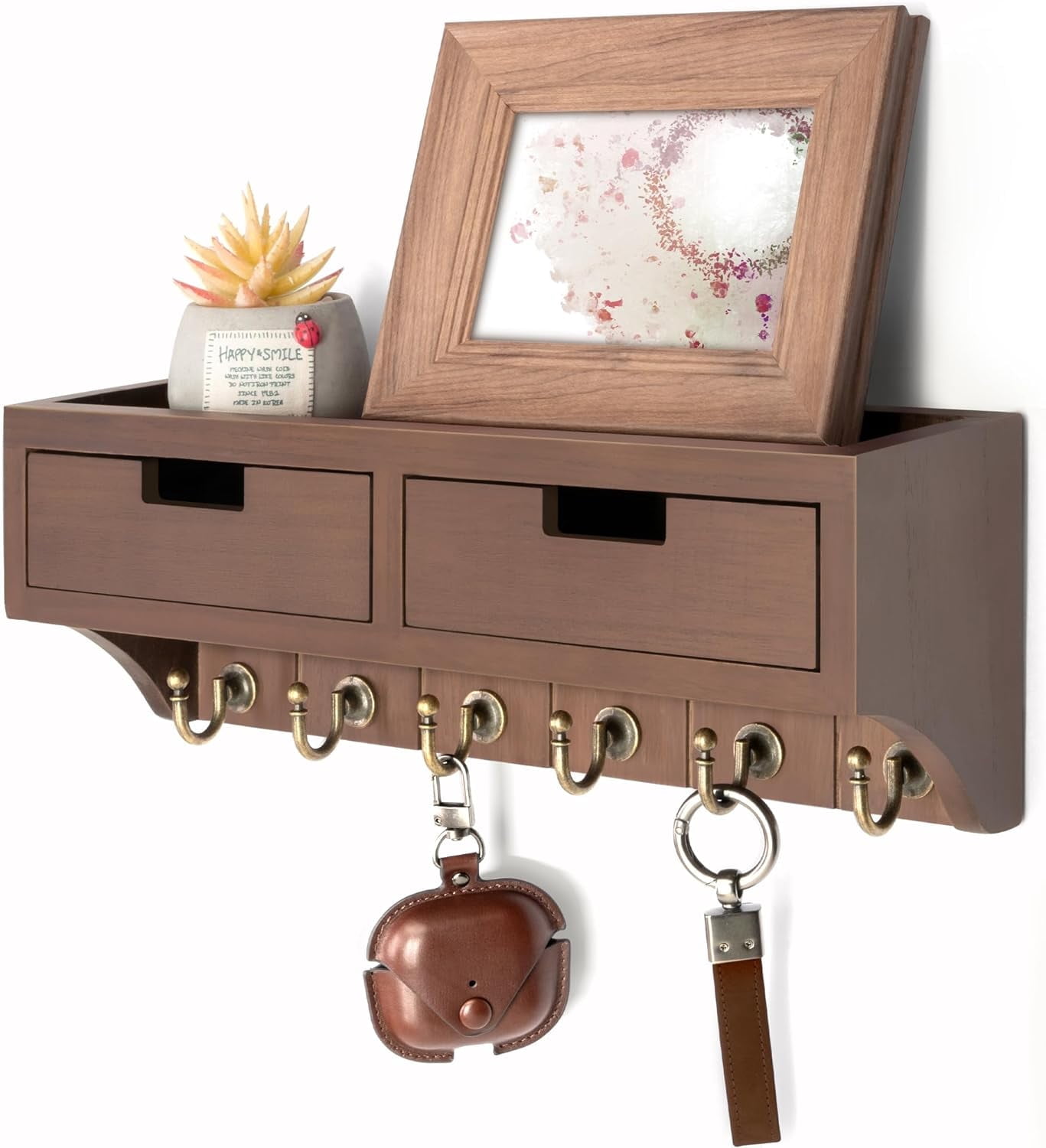 Rebee Vision Key Holder Wall Mount with 2 Drawer Organizer - Decorative Mail Organizer with 6 Key Hooks & Shelf (Brown, 14inch)