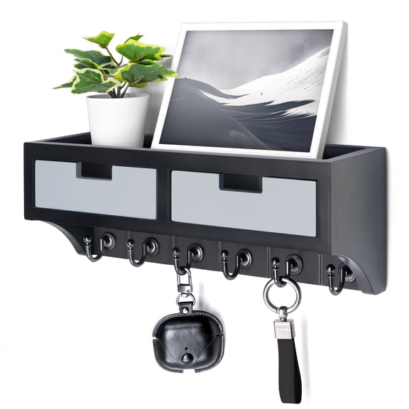 Wall-Mounted Key Holder and Mail Organizer with 2 Drawers, 6 Hooks and Shelf, Black & Gray