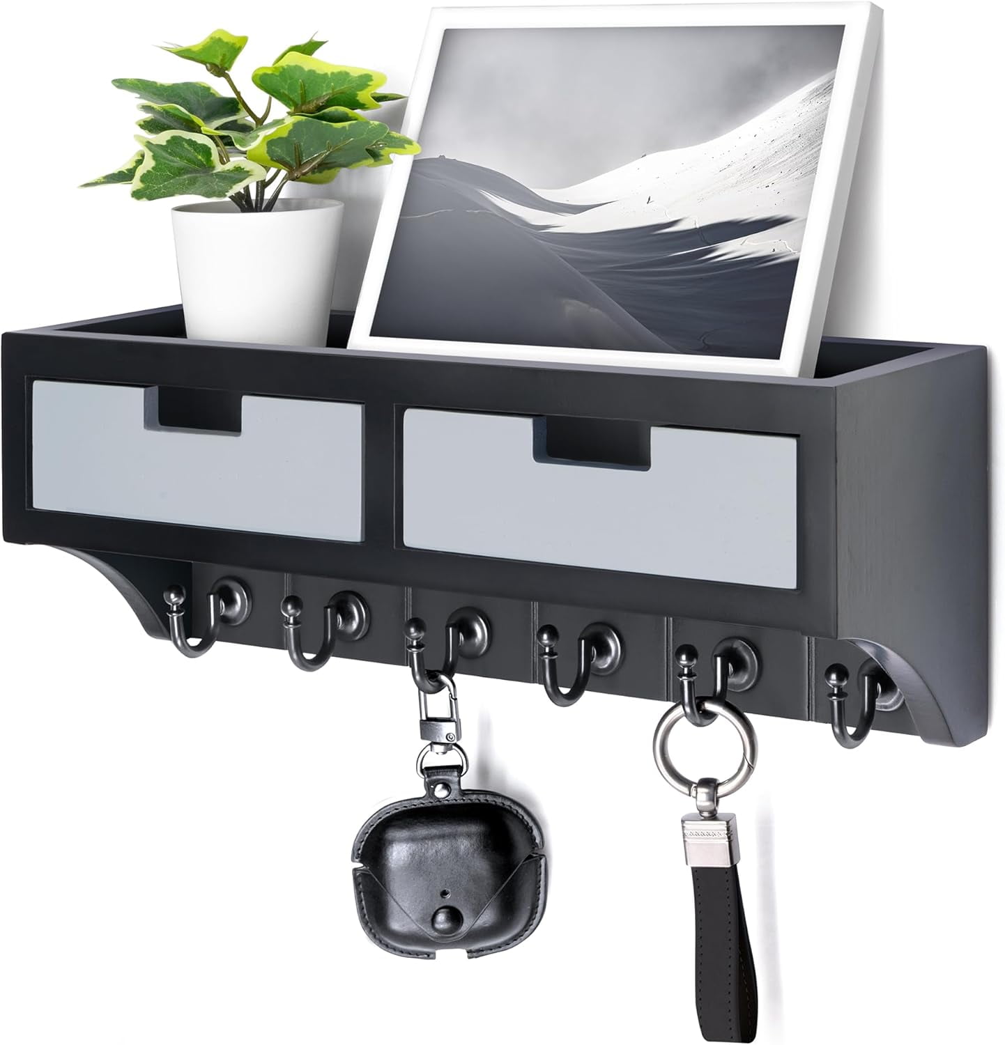 Rebee Vision Key Holder Wall Mount with 2 Drawer Organizer - Farmhouse Mail Organizer with 6 Key Hooks & Shelf (Black & Gray, 14inch)