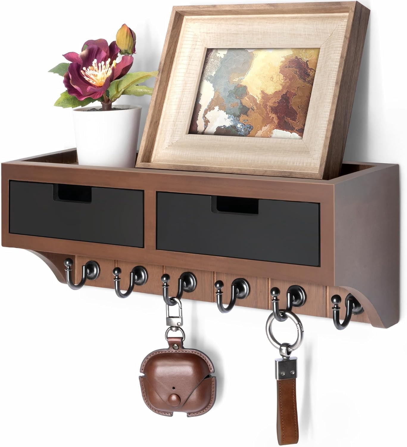 Rebee Vision Key Holder Wall Mount with 2 Drawer Organizer - Farmhouse Mail Organizer with 6 Key Hooks & Shelf (Brown & Black, 14inch)