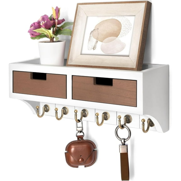 Rebee Vision Key Holder Wall Mount with 2 Drawer Organizer - Farmhouse Mail Organizer with 6 Key Hooks & Shelf (White&Brown, 14inch)