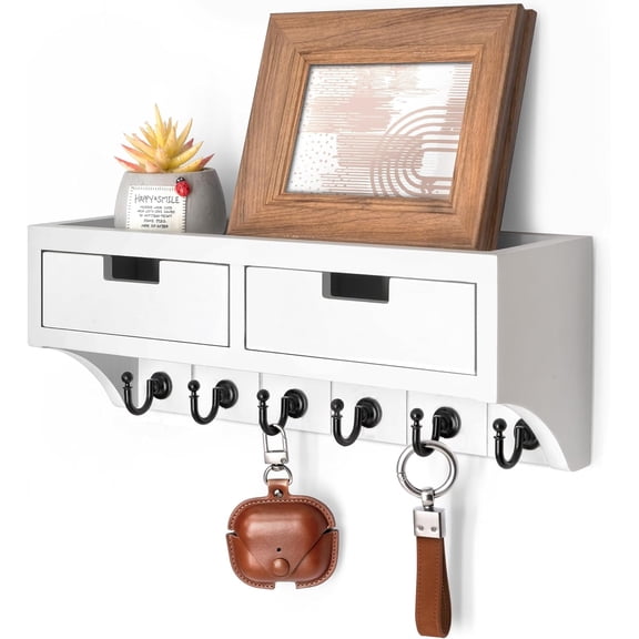 Rebee Vision Key Holder Wall Mount with 2 Drawer Organizer - Modern Mail Organizer with 6 Key Hooks & Shelf (White, 14inch)