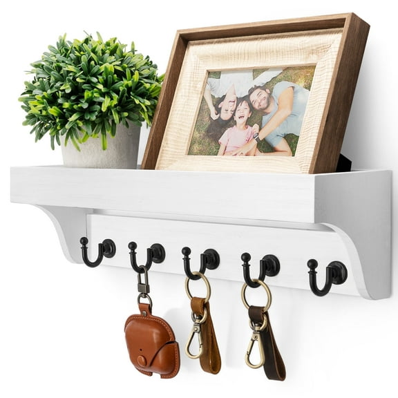 Rebee Vision Key and Mail Holder Wall Mount - Wooden Hanging Organizer with 5 Sturdy Keys Hooks and Shelf (White, 14-inch)