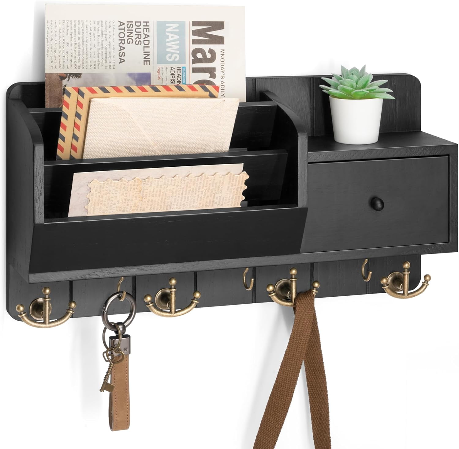 Rebee Vision Key and Mail Holder Wall Mount - Mail Organizer Wall Mount with 7 Hooks and Mail Sorter (Black,16inch)