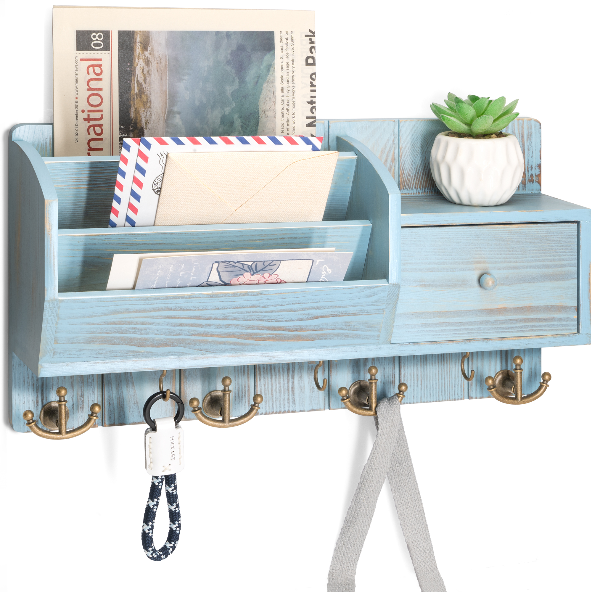 Rebee Vision Key and Mail Holder Wall Mount - Mail Organizer Wall Mount with 7 Hooks and Mail Sorter (Blue,16inch)