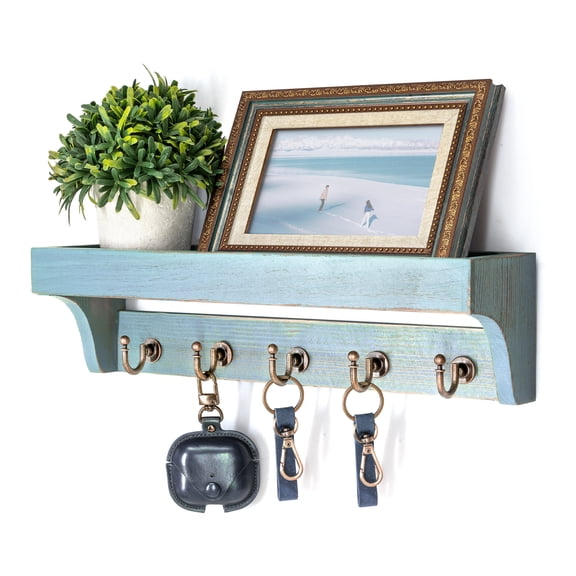 Rebee Vision Key and Mail Holder Wall Mount - Wooden Hanging Organizer with 5 Sturdy Keys Hooks and Shelf (Blue, 14-inch)