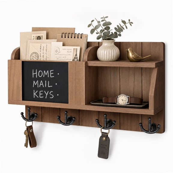 Rebee Vision Key and Mail Holder for Wall with Chalkboard - Farmhouse Home Decor for Entryway (Brown, 16inch)