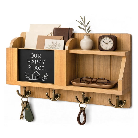 Rebee Vision Key and Mail Holder for Wall with Chalkboard - Farmhouse Home Decor for Entryway (Light Brown, 16inch)