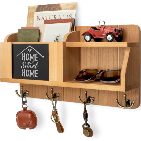 Rebee Vision Key and Mail Holder for Wall with Chalkboard - Farmhouse Home Decor for Entryway (Light Brown, 16inch)