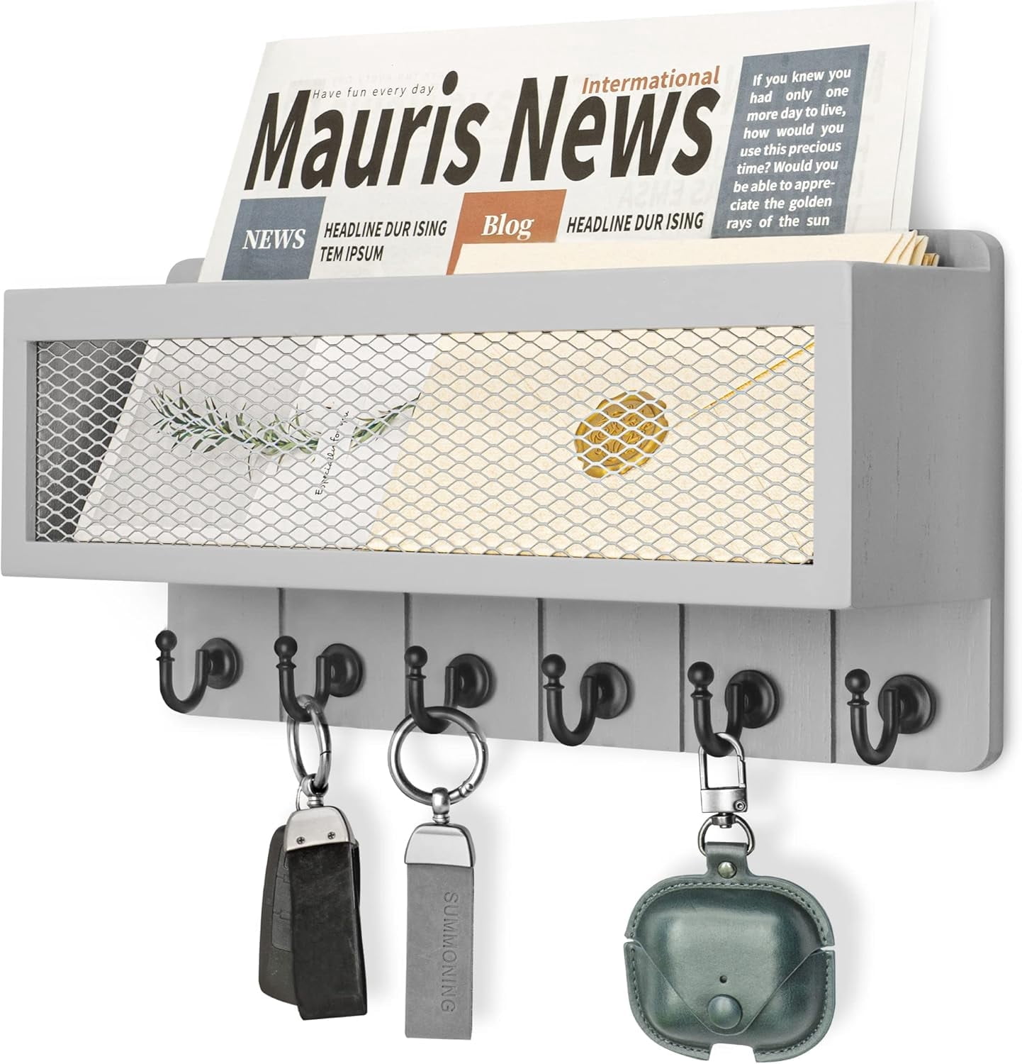 Rebee Vision Mail Holder for Wall - Mail Organizer with Mesh Basket and 6 Key Hooks (Gray, 13inch)
