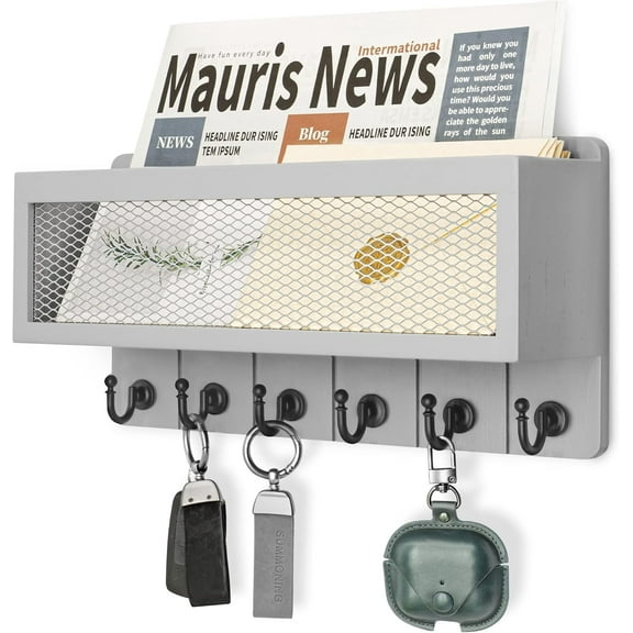 Rebee Vision Mail Holder for Wall - Mail Organizer with Mesh Basket and 6 Key Hooks (Gray, 13inch)