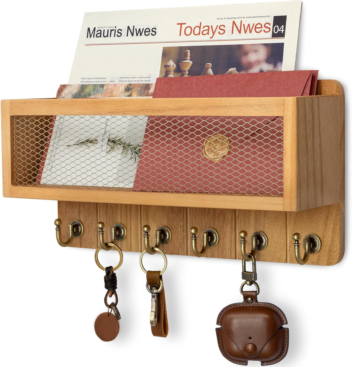Rebee Vision Mail Holder for Wall - Mail Organizer with Mesh Basket and 6 Key Hooks (Light Brown, 13inch)