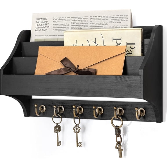 Rebee Vision Mail Organizer Wall Mounted with 6 Key Hooks, Black