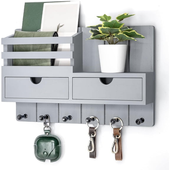 Rebee Vision Key Holder Wall Mount with 2 Drawers for Home Decor, Gray