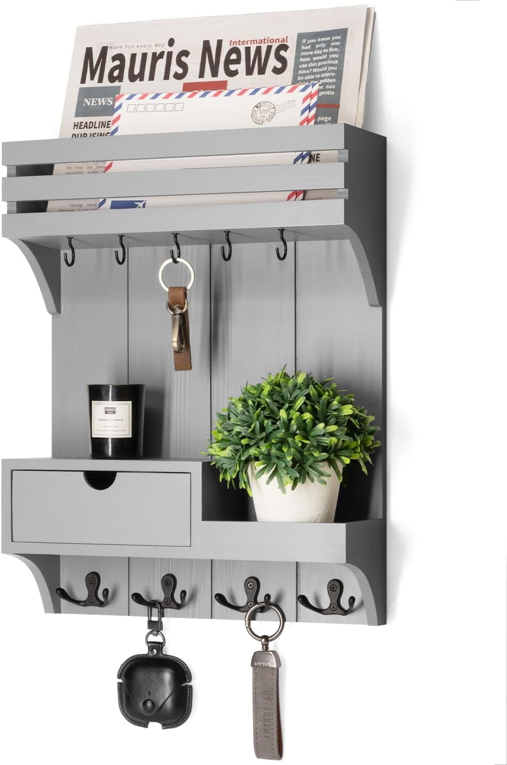 Rebee Vision Modern Key Holder Wall Mount for Home Decor - Mail Organizer with 9 Key Hooks and Mini Drawer Organizer (Gray, 12inch)