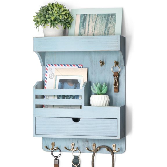 Rebee Vision Pine Wood Key Holder Wall Mount with Drawer Organizer – Modern Mail and Key Organizer for Wall with 6 Robust Hooks & a Floating Shelf (Distressed Blue, 12inch)