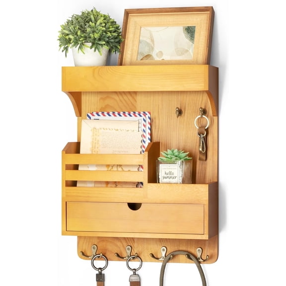 Rebee Vision Pine Wood Key Holder Wall Mount with Drawer Organizer – Modern Mail and Key Organizer for Wall with 6 Robust Hooks & a Floating Shelf (Light Brown, 12inch)