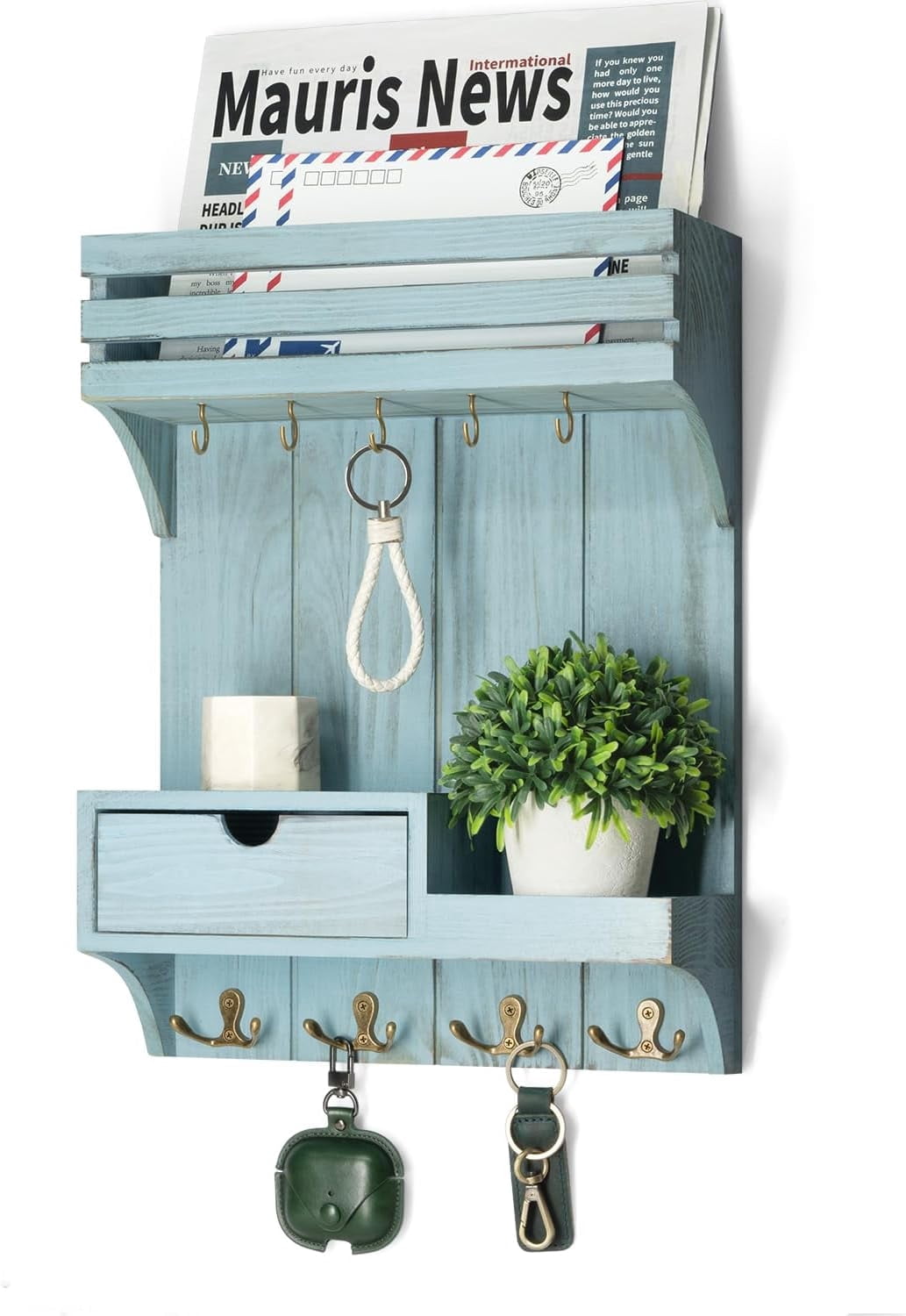 Rebee Vision Rustic Key Holder Wall Mount for Home Decor - Mail Organizer with 9 Key Hooks and Mini Drawer Organizer (Blue, 12inch)