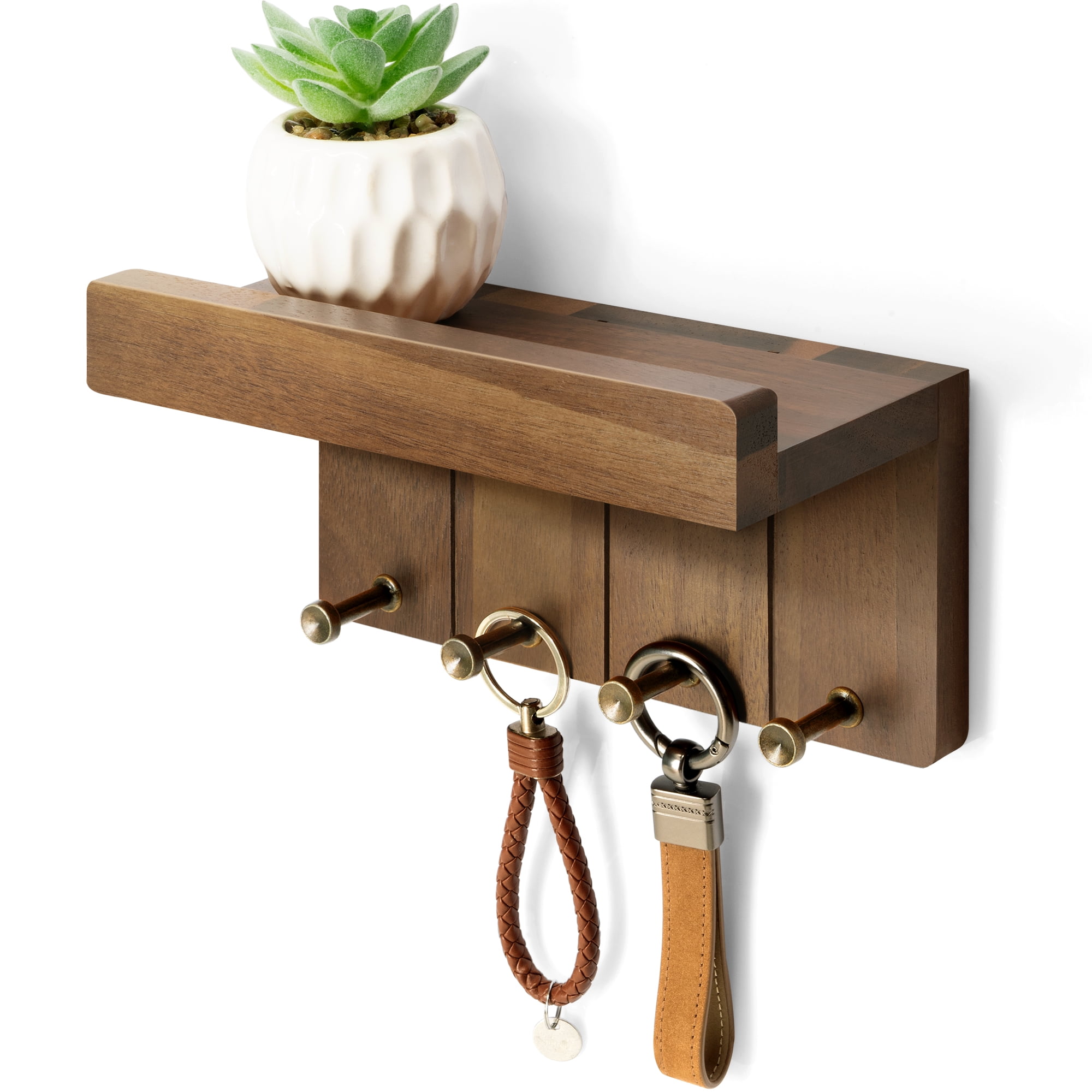 Rebee Vision Small Acacia Wood Key Holder Wall Mount - Mini Key Holder for Wall with Shelf & 4 Hooks (Acacia, 8inch)