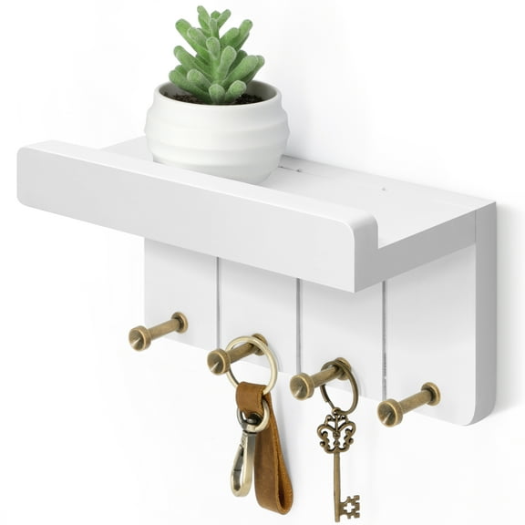 Rebee Vision Small Key Holder Wall Mount - Aesthetic Room Decor with 4 Study Hooks and Mini Floating Shelf - Ideal Apartment Essentials for Farmhouse Living Room and Home Decor (Modern White)