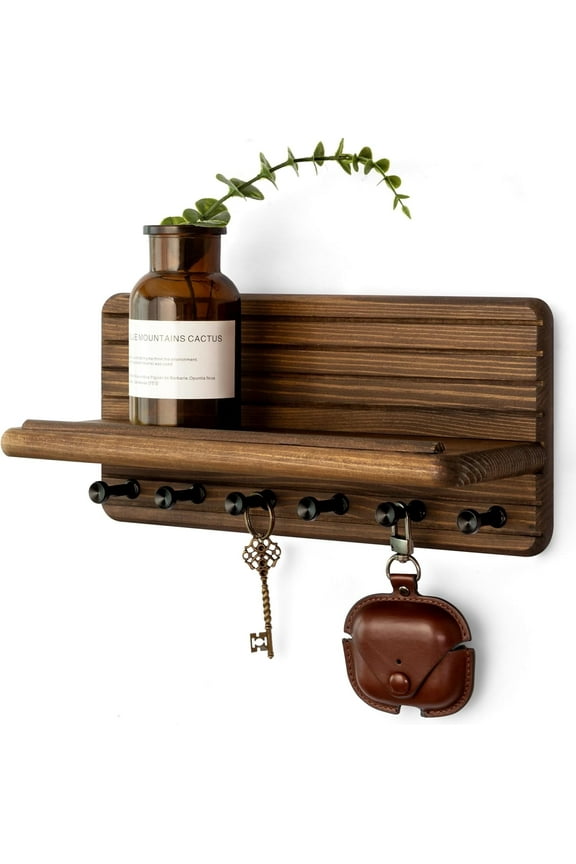 Small Pine Wood Key Holder Wall Mount - Mini Key Holder for Wall with Shelf & 4 Hooks (Brown, 11inch)
