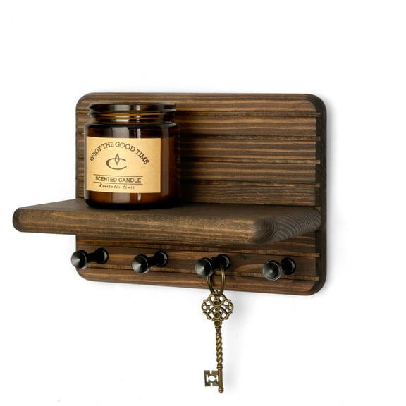 Rebee Vision Small Pine Wood Key Holder Wall Mount - Mini Key Holder for Wall with Shelf & 4 Hooks (Brown, 7inch)