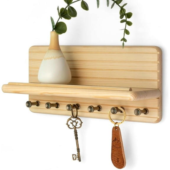 Rebee Vision Small Pine Wood Key Holder Wall Mount - Mini Key Holder for Wall with Shelf & 4 Hooks (Natural Wood, 11inch)
