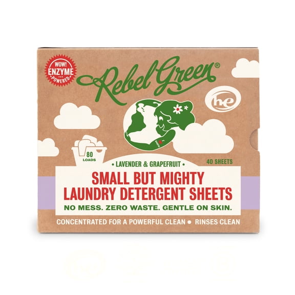 Rebel Green Small but Mighty Laundry Detergent Sheets - Fresh Lavender & Grapefruit Scent - 40 Sheet Pack, Zero Waste, Biodegradable, Made in USA, Travel-Friendly, Natural Ingredients (80 Loads)