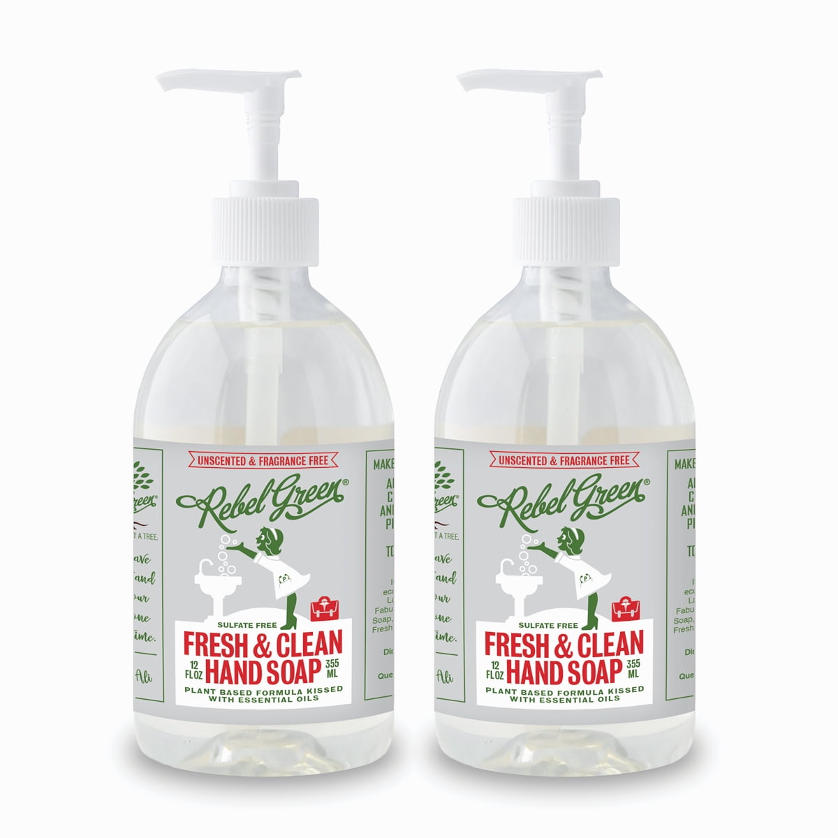 Rebel Green Fresh & Clean Hand Soap - Moisturizing Natural Bathroom & Kitchen Liquid Soap - Gentle Household Hand Wash - Unscented, 12 Fl Oz (Pack of 2)