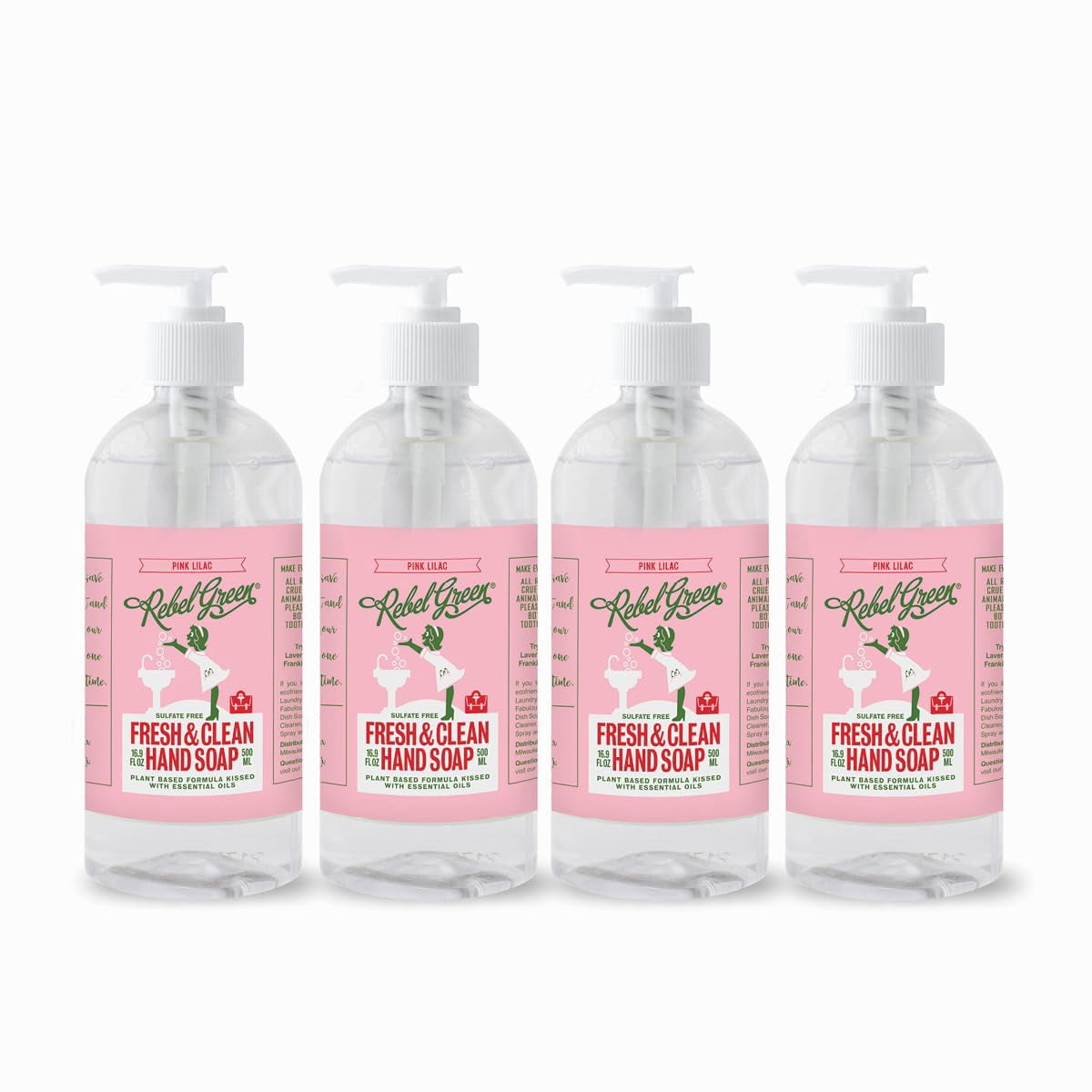 Rebel Green Liquid Hand Soap - Natural Hand Soap Pump Bottles - Bathroom & Kitchen Hand Soap - Hand Wash with Fresh Pink Lilac Scent - (16.9 oz Bottles, 4 Pack)