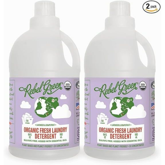 Rebel Green Organic Laundry Detergent - Natural Laundry Soap - Liquid Laundry Detergent with Dispenser Cup - Gentle Laundry Detergent - Fresh Lavender & Grapefruit Scent - 68 Load Bottles, 2 Pack