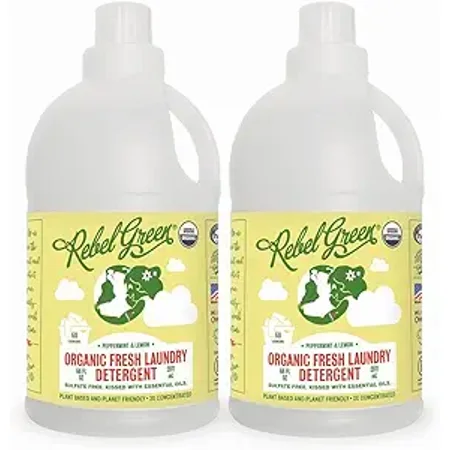 Rebel Green Organic Laundry Detergent - Natural Laundry Soap - Liquid Laundry Detergent with Dispenser Cup - Gentle Laundry Detergent - Fresh Peppermint & Lemon Scent - (68 Load Bottles, 2 Pack)