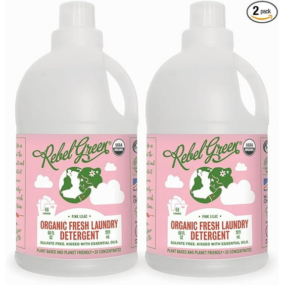 Rebel Green Organic Laundry Detergent - Natural Laundry Soap - Liquid Laundry Detergent with Dispenser Cup - Gentle Laundry Detergent - Fresh Pink Lilac - (68 Load Bottles, 2 Pack)