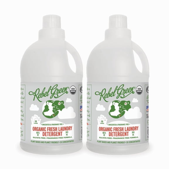 Rebel Green Organic Laundry Detergent - Natural Laundry Soap - Liquid Laundry Detergent with Dispenser Cup - Gentle Laundry Detergent - Fresh Unscented Soap - (68 Load Bottles, 2 Pack)