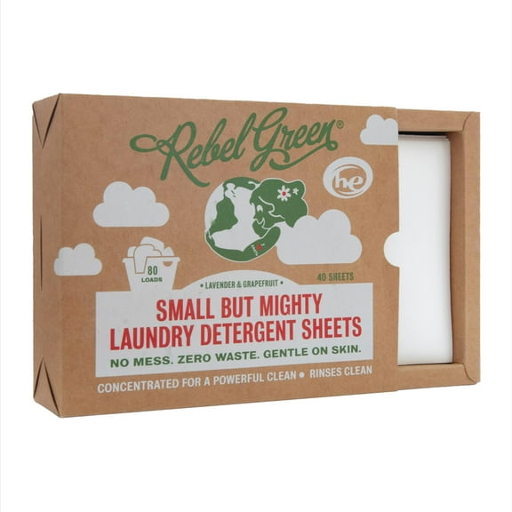 Rebel Green Small But Mighty Laundry Detergent Sheets - Zero Waste Laundry Solution - 40 Pre-Measured Washing Machine Sheets for 80 Loads, Lavender & Grapefruit Scent