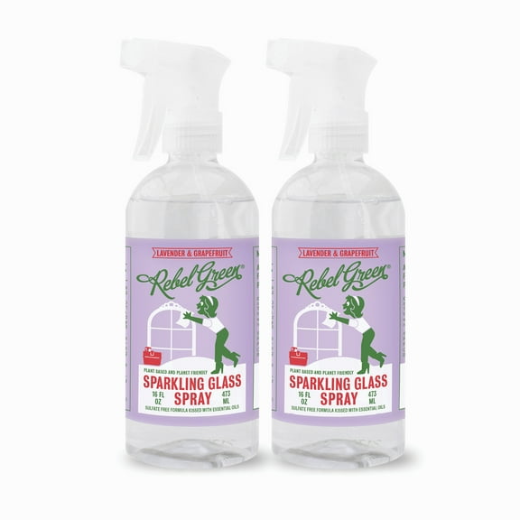 Rebel Green Sparkling Glass Cleaner - Streak Free Glass Cleaner Spray - Natural Glass & Surface Spray for Windows, Mirrors, & More - Scented with Lavender & Grapefruit - (16 Ounce Bottles, 2 Pack)