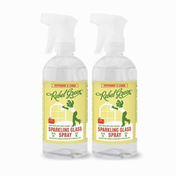 Rebel Green Sparkling Glass Cleaner - Streak Free Glass Cleaner Spray - Natural Glass & Surface Spray for Windows, Mirrors, & More - Scented with Peppermint & Lemon - (16 Ounce Bottles, 2 Pack)