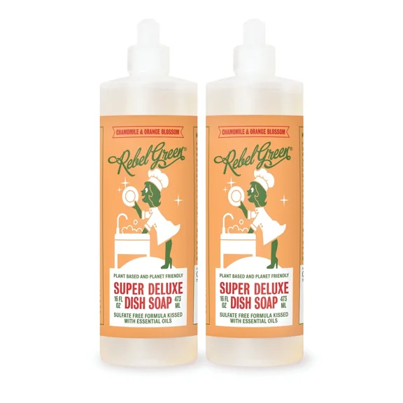 Rebel Green Super Deluxe Dish Soap - Natural Dishwashing Soap - Liquid Dish Detergent - Sustainable Dish Liquid Scented with Orange & Chamomile - ( 16oz 2-Pack)