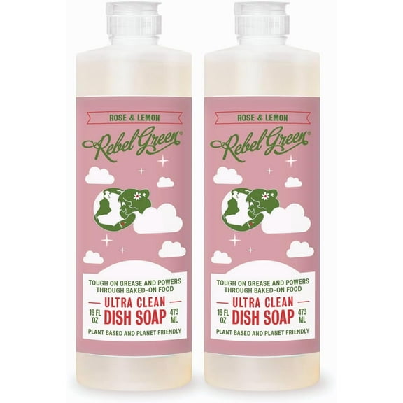 Rebel Green Super Deluxe Dish Soap - Natural Dishwashing Soap - Liquid Dish Detergent - Sustainable Dish Liquid Scented with Rose & Lemon - (16 oz Bottles, 2 Pack)