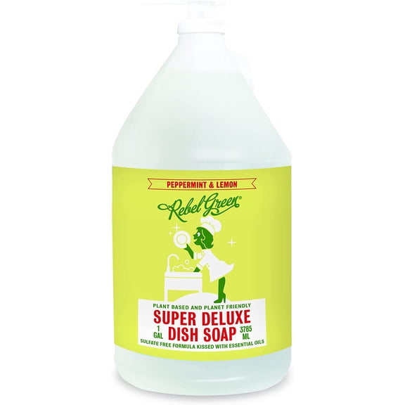 Rebel Green Super Deluxe Dish Soap - Natural Kitchen Dish Detergent - Gentle Dish Liquid Scented with Peppermint & Lemon - (1 Gallon Refill Bottle)