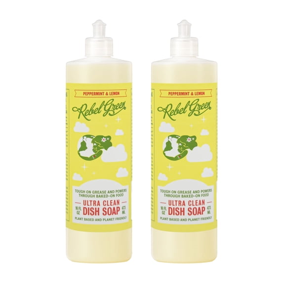 Rebel Green Super Deluxe Dish Soap - Natural Kitchen Dish Detergent - Gentle Dish Liquid Scented with Peppermint & Lemon - (16 oz 2 pack)