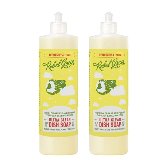 Rebel Green Super Deluxe Dish Soap - Natural Kitchen Dish Detergent - Gentle Dish Liquid Scented with Peppermint & Lemon - (16 oz 2 pack)