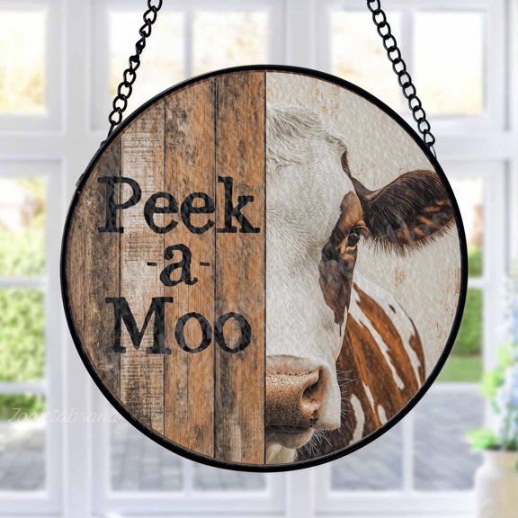 Cow Stained Glass Suncatcher Metal Outdoor Decor Farmhouse Rustic Brown White