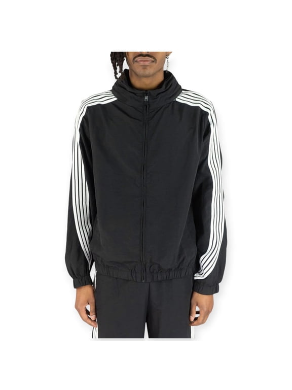 Men Bent Stripes Nylon Windbreaker Jacket (Black)