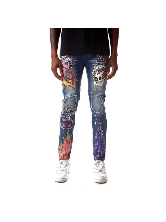 Men Flaming Skull Denim Pants (Medium Indigo)
